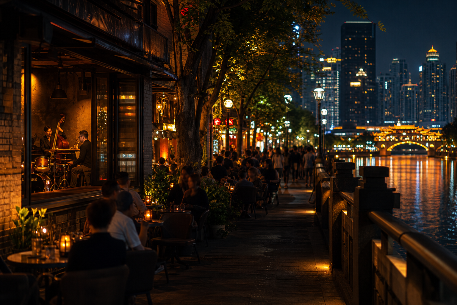 Chengdu nightlife street scene with warm bar lights and late-night foot traffic