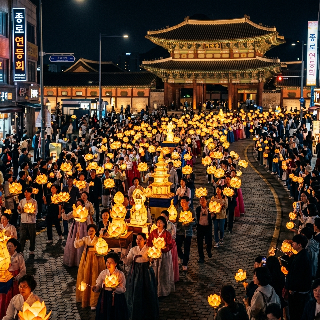 Seoul Lotus Lantern Festival parade at night, golden lanterns illuminating Jongno Street