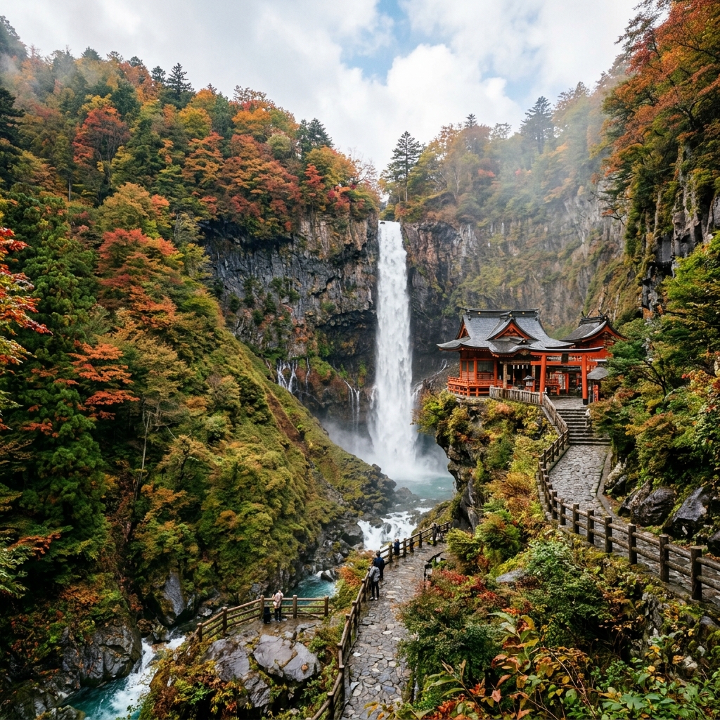 A vibrant autumn scene in Nikko National Park with a traditional shrine building nestled among colorful foliage and a clear blue sky