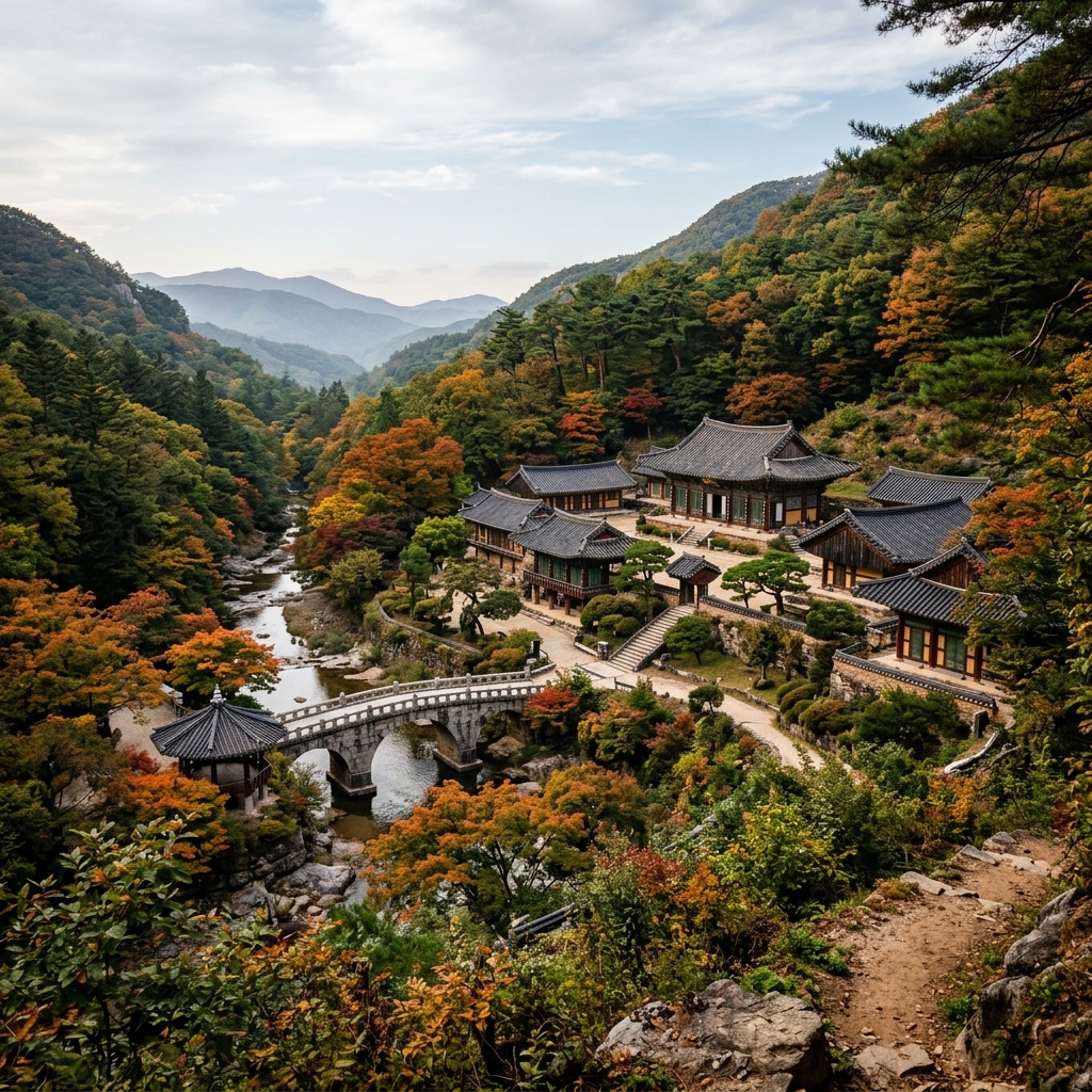 A serene landscape shot of a traditional Korean temple nestled in lush mountains, with a clear stream and an arched stone bridge in the foreground.