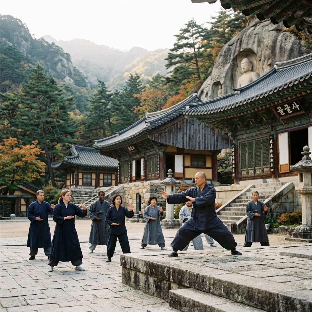 A monk demonstrating Sunmudo martial arts at Golgulsa Temple, surrounded by lush mountains.