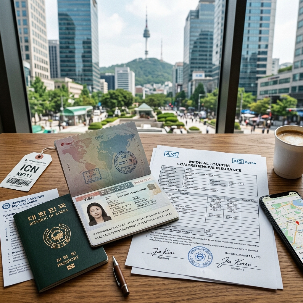 A calm, practical travel scene for a medical trip to Korea