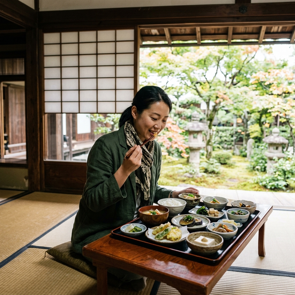 A plant-based meal spread in Japan with tofu, rice, vegetables, and seasonal side dishes