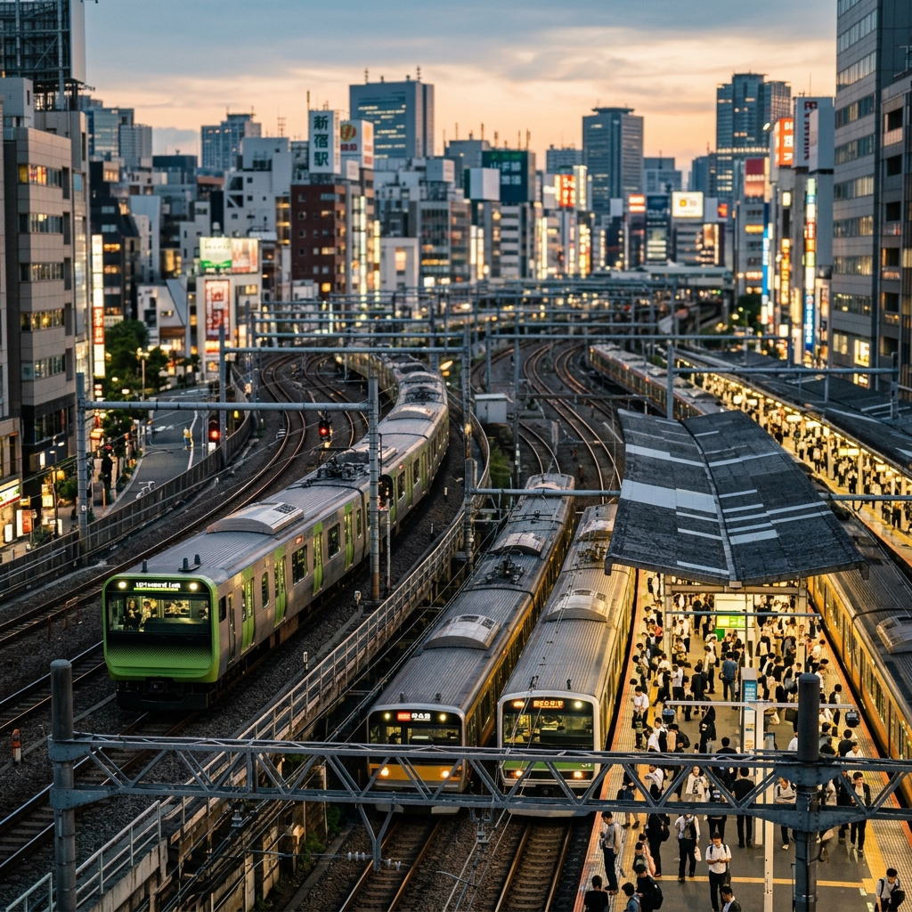 A busy Tokyo train platform with Yamanote Line trains
