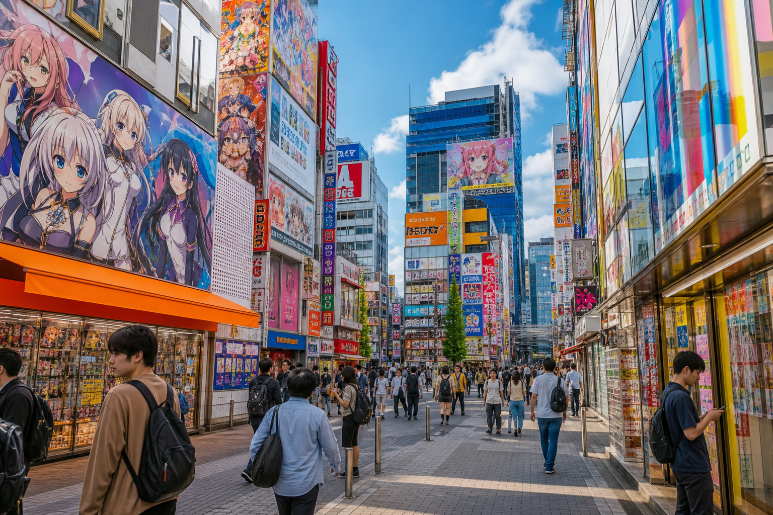Akihabara street scene with electronics signs, anime storefronts, and busy pedestrian flow