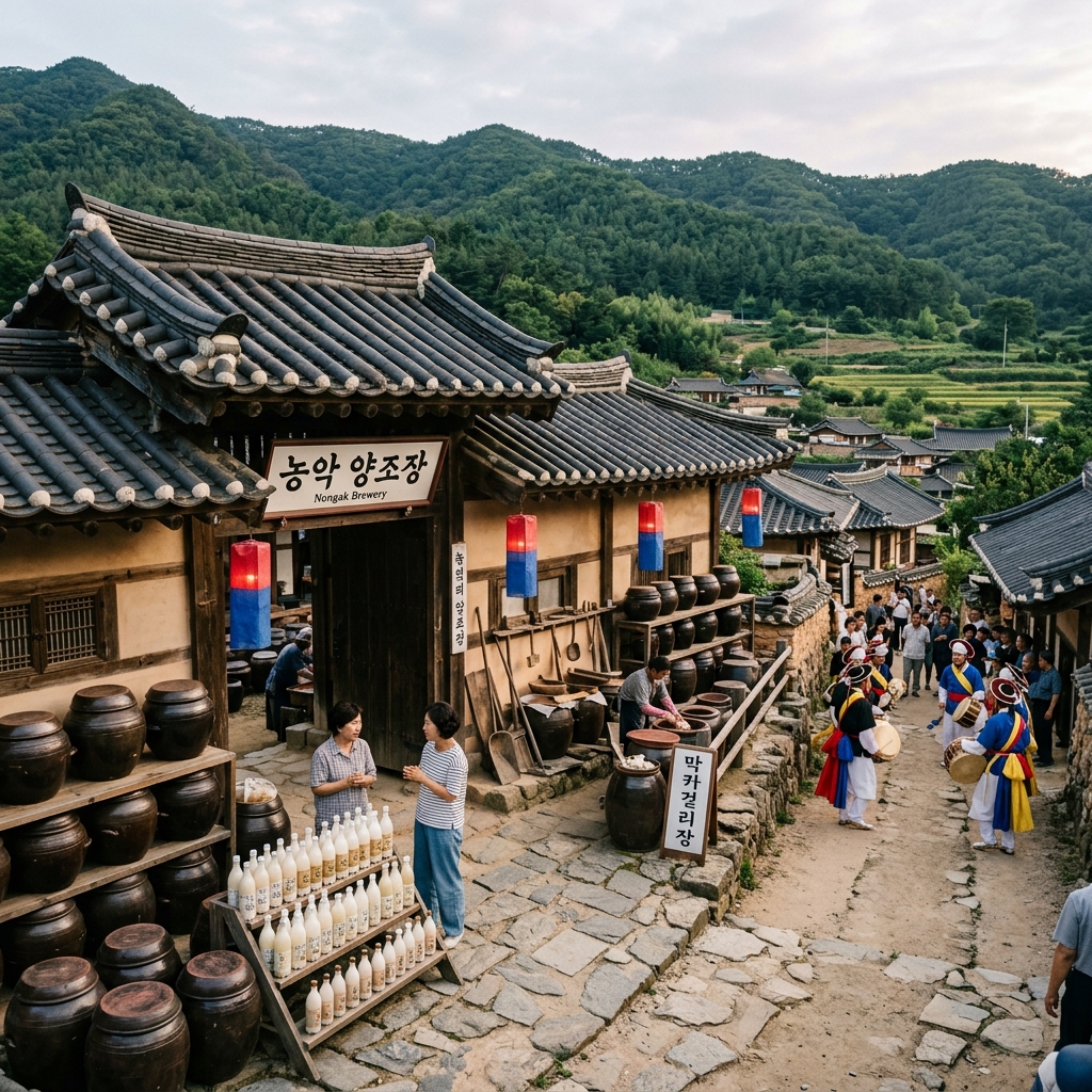 A bottle of makgeolli with traditional Korean art in the background