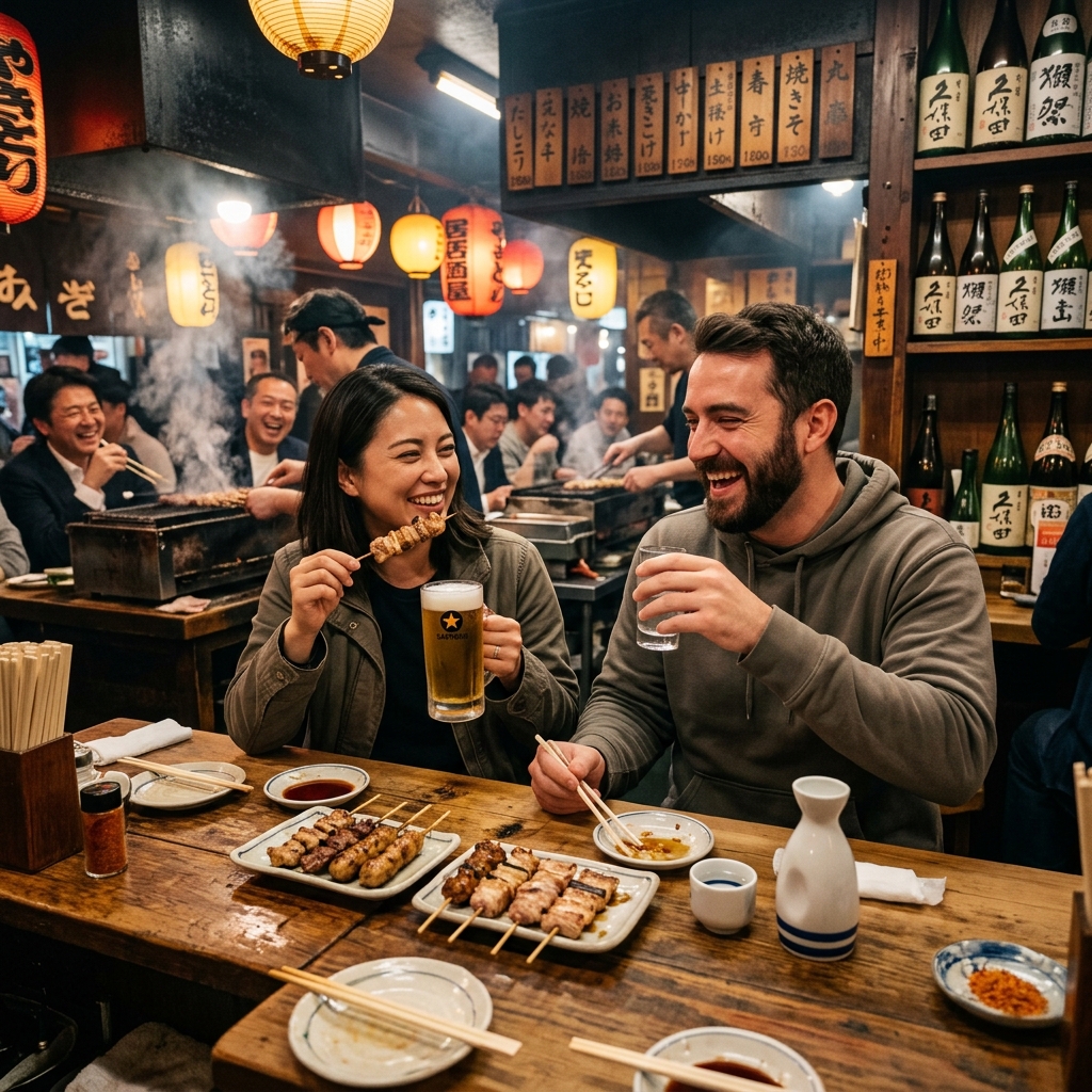 Izakaya interior with glowing lanterns, grilled skewers at the counter, and glasses of beer on a wooden table