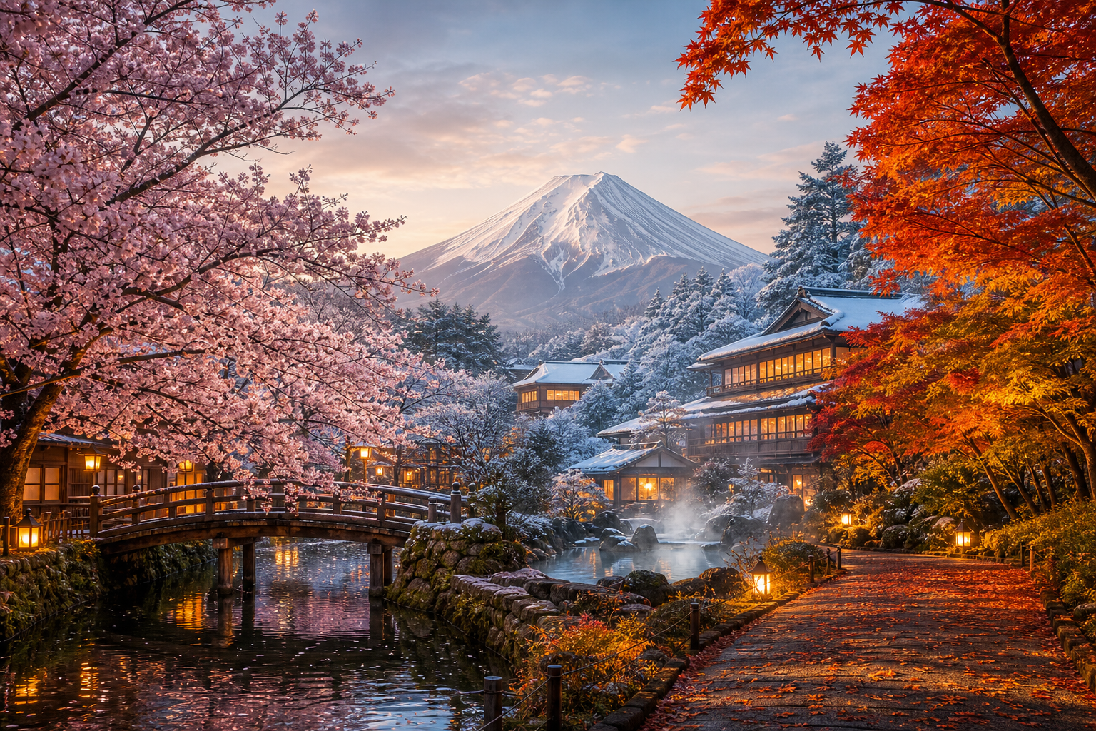 Japan trip planning with seasonal scenery across cherry blossoms, autumn leaves, and winter snow