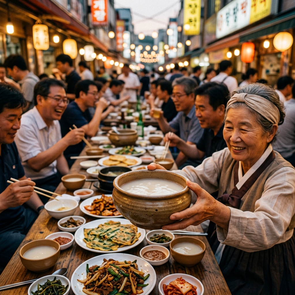 A vibrant scene of makgeolli being served in traditional Korean bowls alongside various jeon (pancakes) at a bustling market in Gwangju.