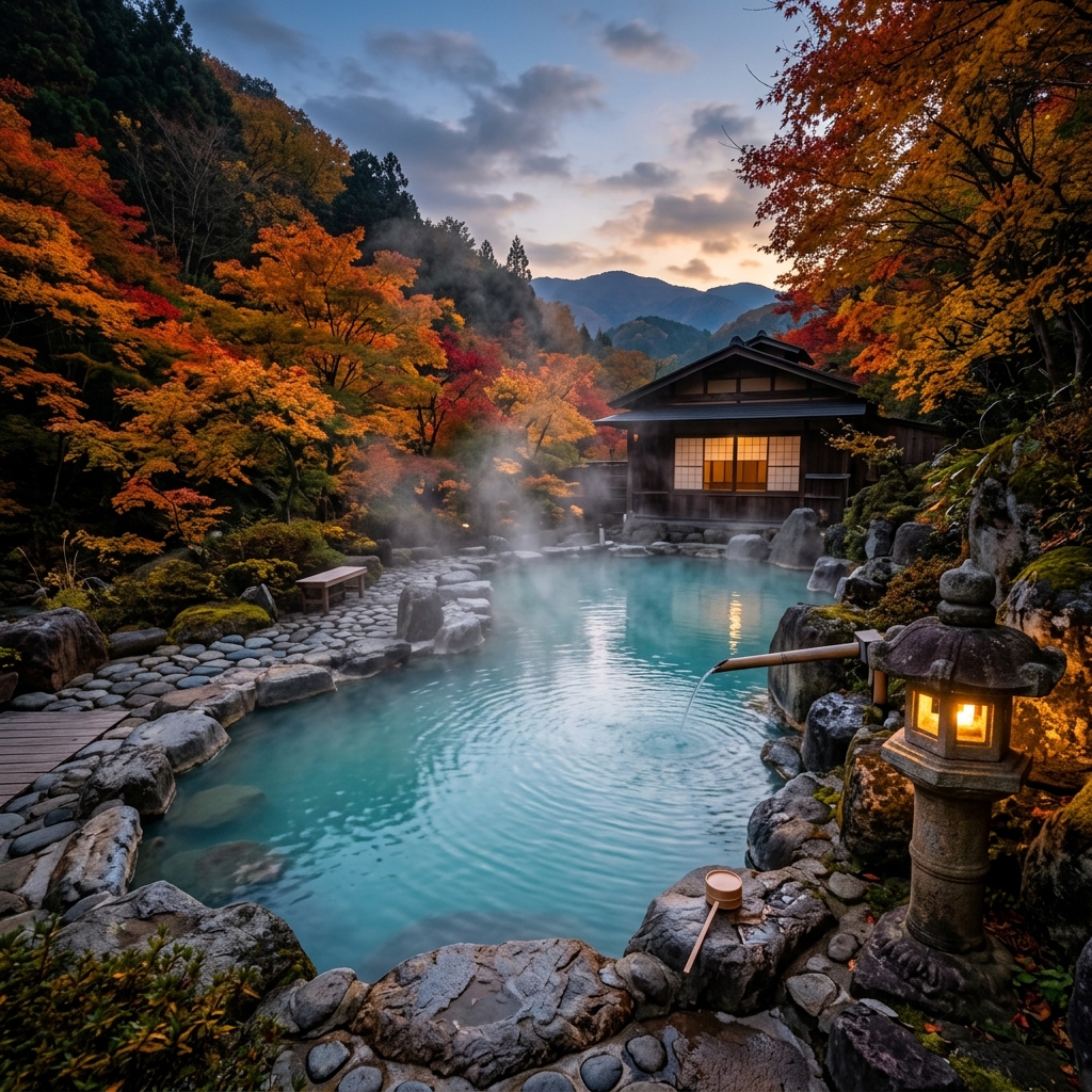 A serene outdoor Japanese onsen with steam rising from the water and stone lanterns