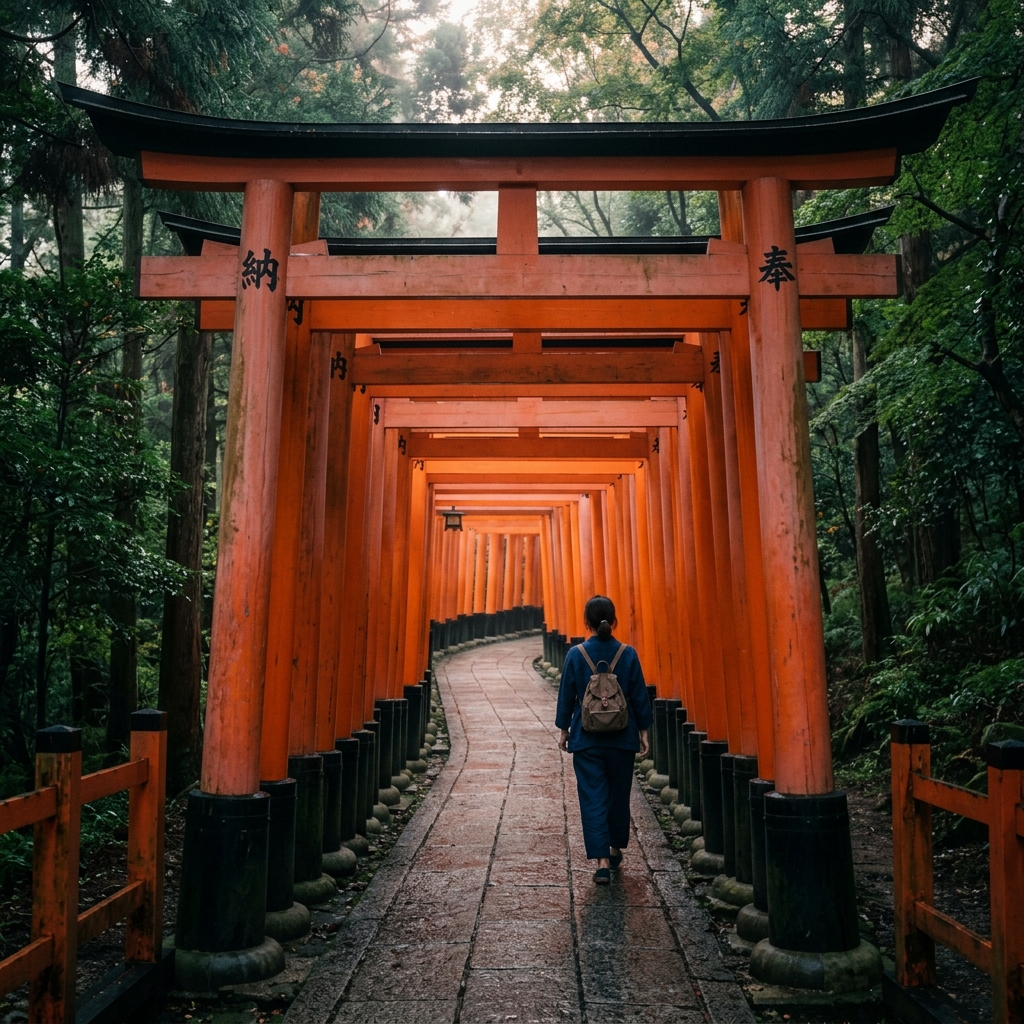 Fushimi Inari torii gates at dawn with early morning light