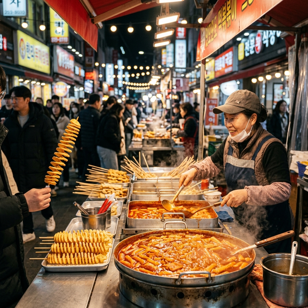 Colorful Korean street food stalls with tteokbokki, tornado potatoes, and hotteok on display