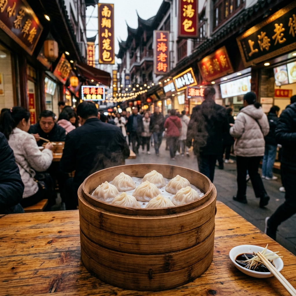 Steaming baskets of xiaolongbao soup dumplings at a Shanghai restaurant