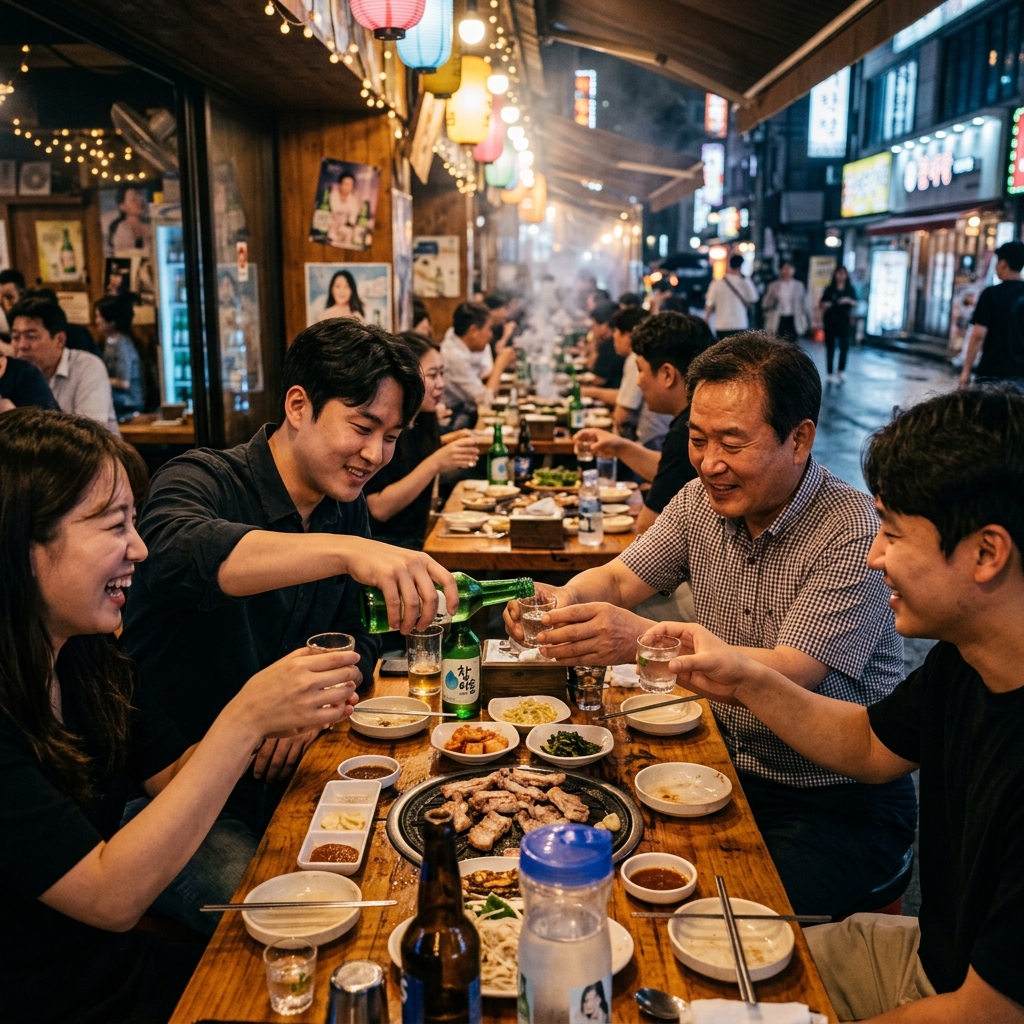 A vibrant Korean bar scene with people clinking glasses, showcasing traditional etiquette in action.