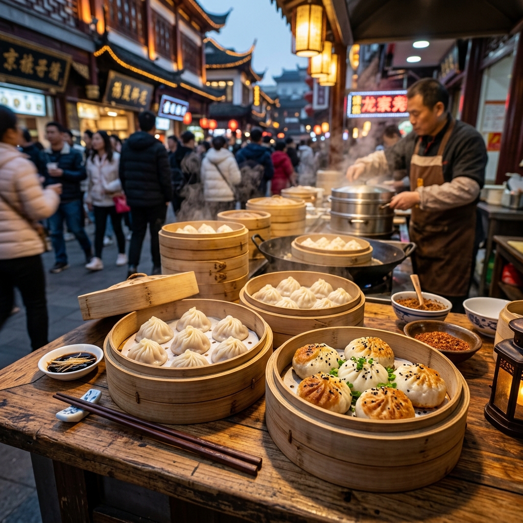 Delicious Xiaolongbao and Shengjianbao on a bustling Shanghai street