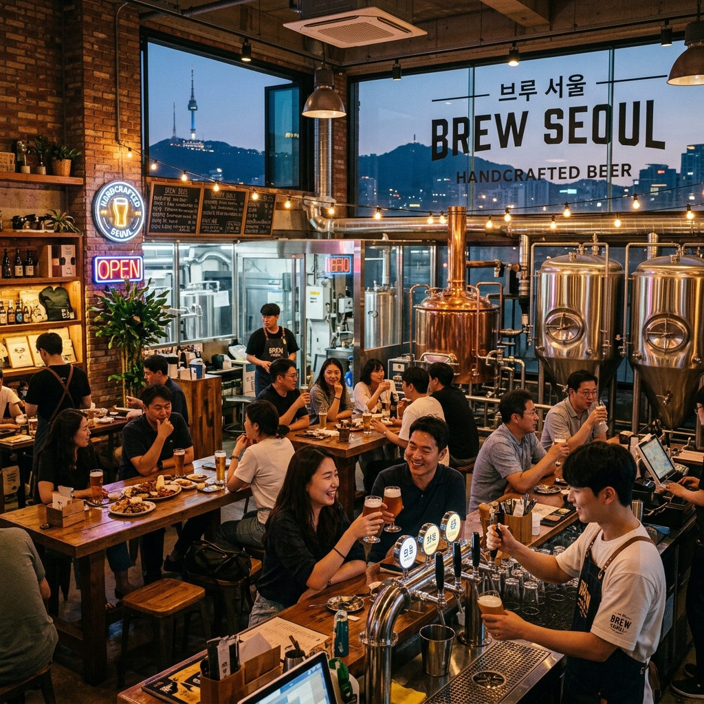 A vibrant craft brewery interior with a variety of tap handles and fermenting tanks, showcasing the modern Korean craft beer scene.