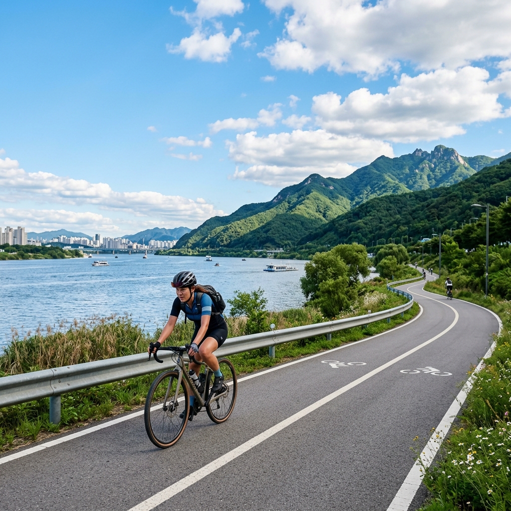 Cyclists enjoying a scenic ride along the Four Rivers Rail Trail with a river and mountains in the background.