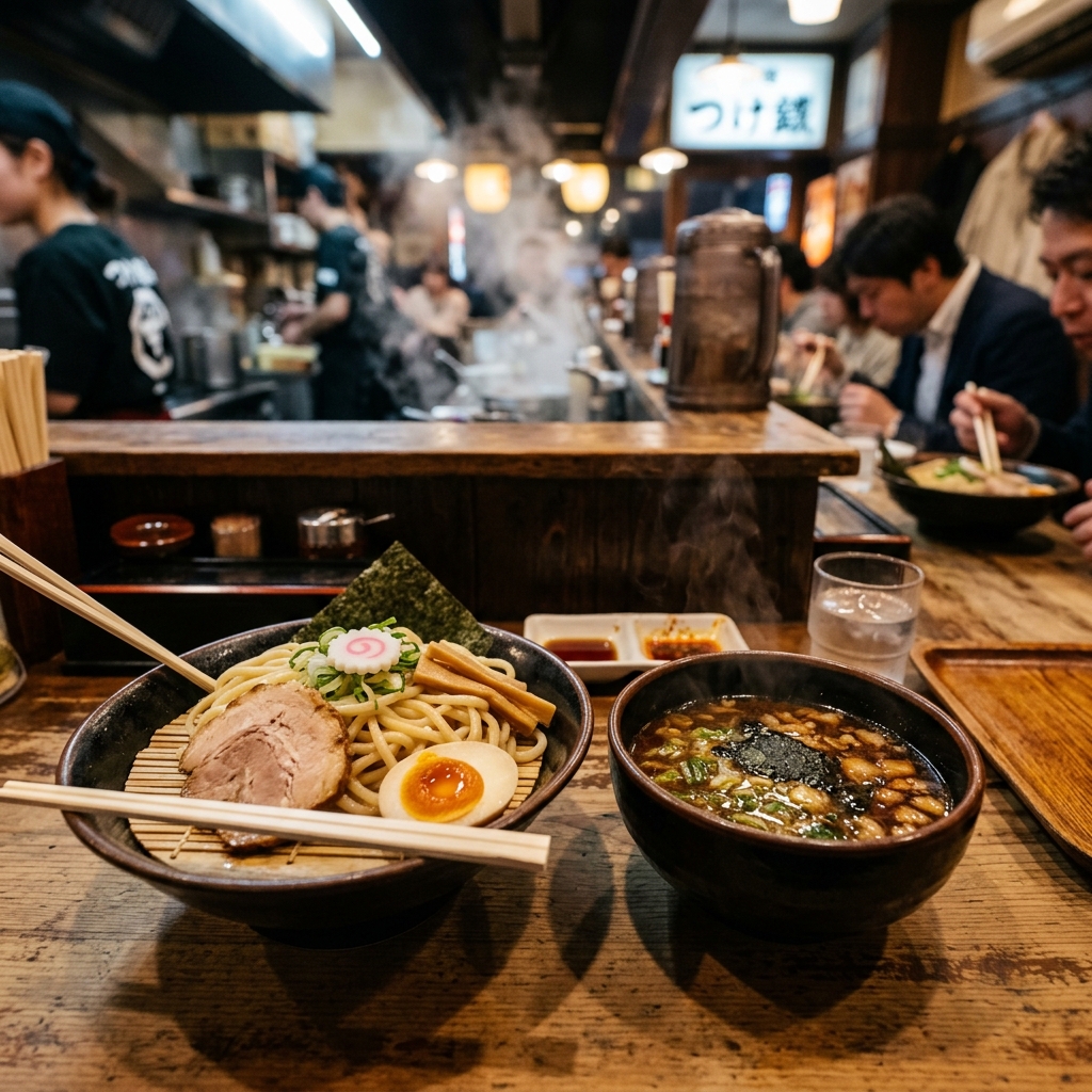 A steaming bowl of rich Tonkotsu ramen with perfectly arranged toppings, against a blurred background of a bustling Tokyo street.