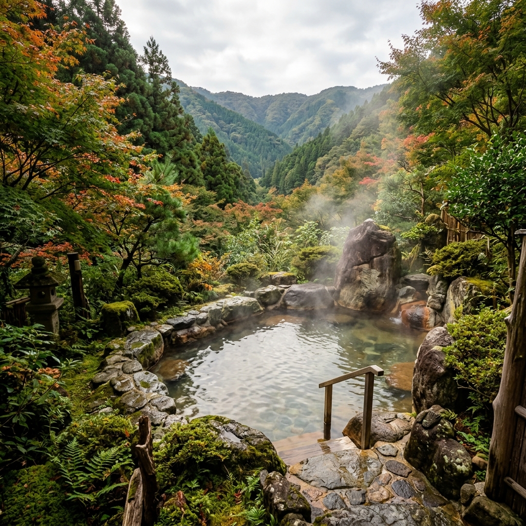 Alt text: A serene outdoor onsen at a traditional Japanese ryokan, surrounded by lush autumn foliage.