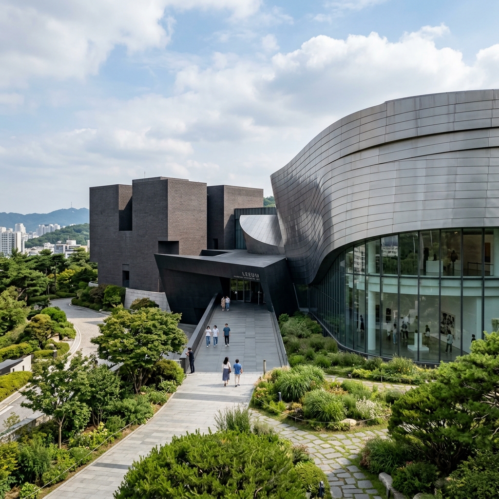Leeum Samsung Museum of Art exterior with modern lines and warm light