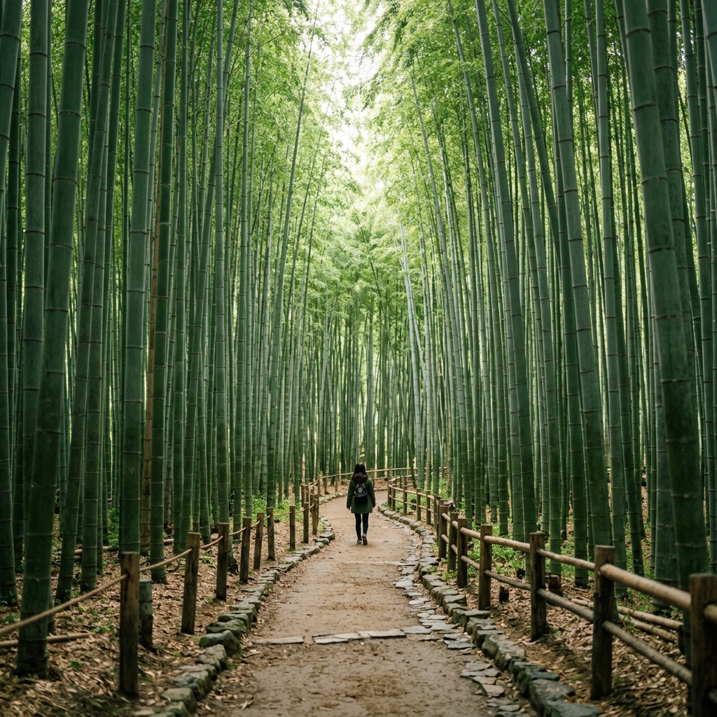 A serene pathway winding through the tall, dense bamboo stalks of Arashiyama Bamboo Grove, with soft light filtering through the canopy.