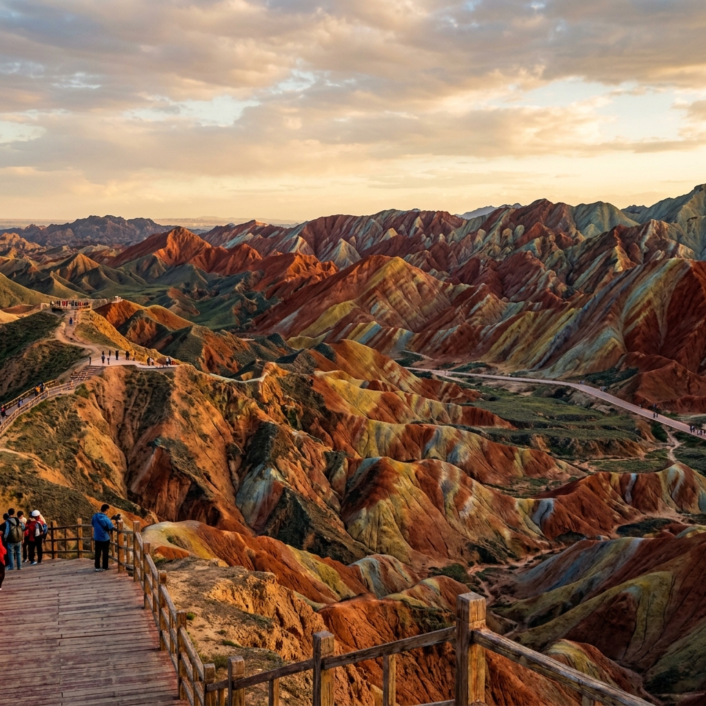 A panoramic view of the Zhangye Danxia Rainbow Mountains at sunset, showing vivid stripes of red, orange, and yellow across undulating rock formations.