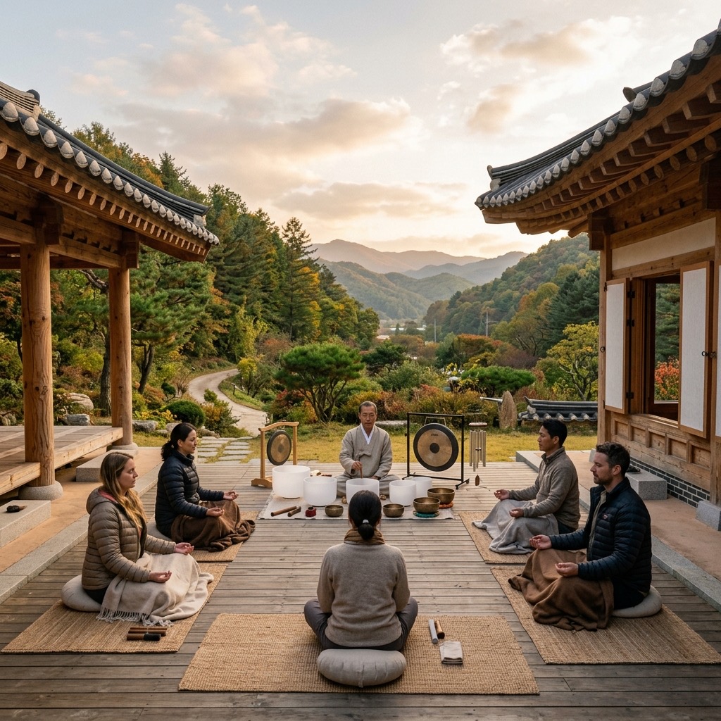 Sound healing and meditation session in Korea with bowls, cushions, and a calm indoor setting