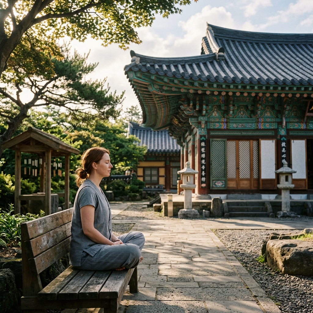 A foreign traveler meditating on a bench in a serene Korean temple courtyard