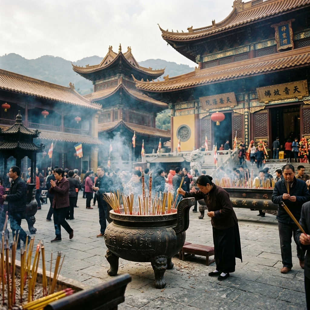 Temple courtyard with incense, stone lions, and layered roofs