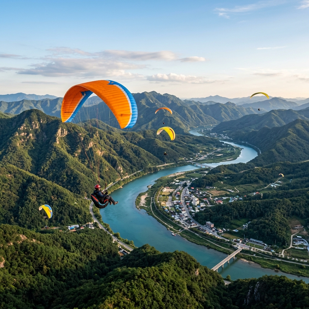 Paraglider soaring over the mountains of Danyang, South Korea