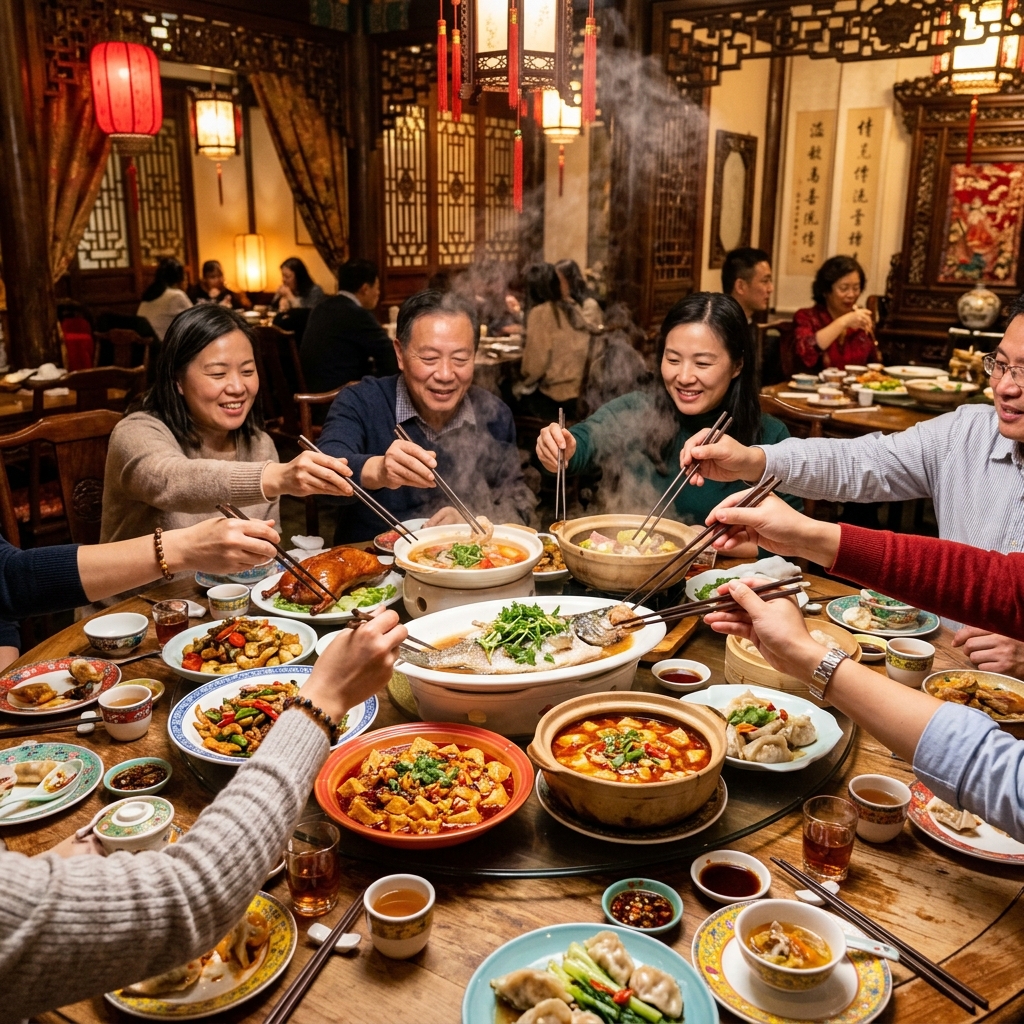 A group of travelers sharing a large traditional Chinese banquet meal