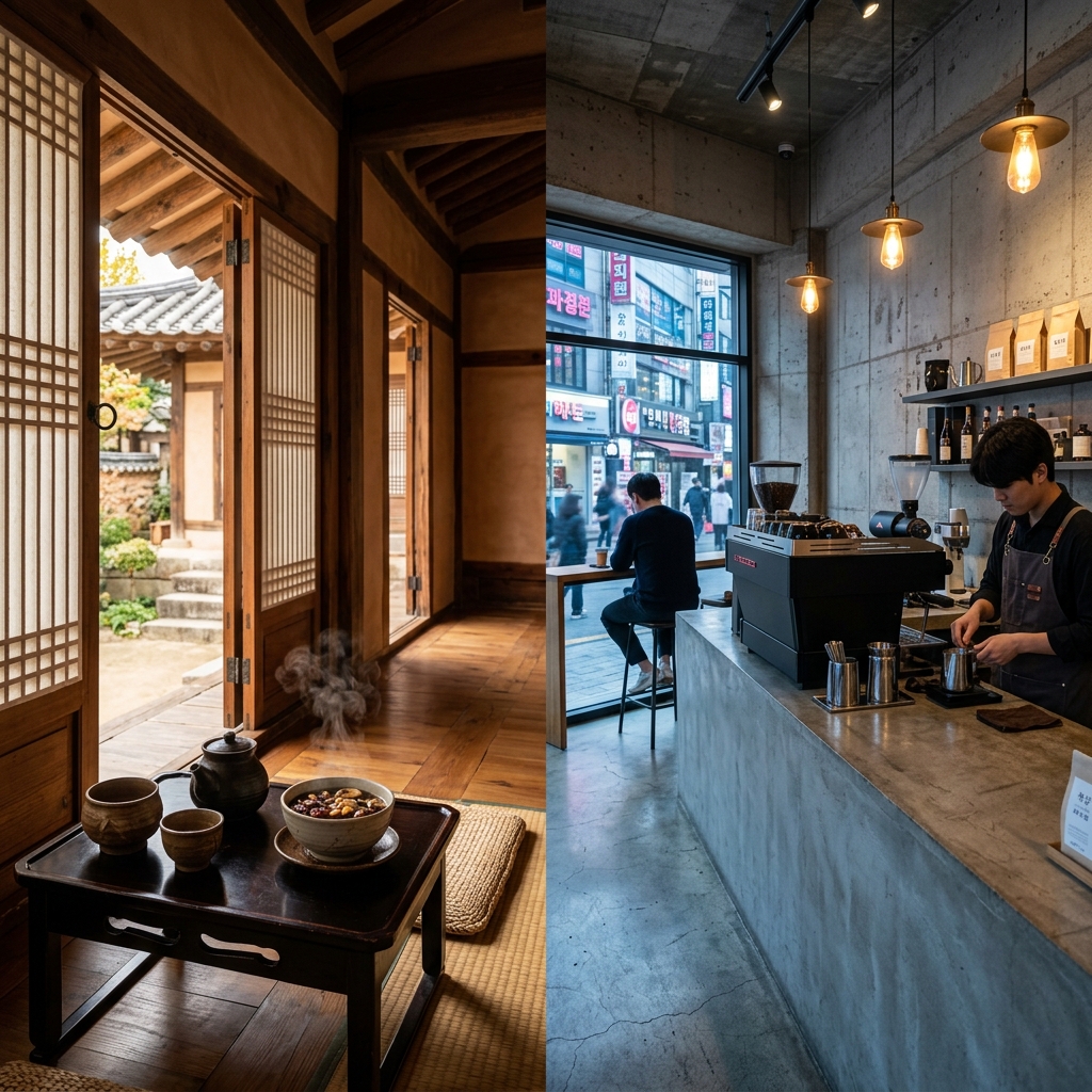 Traditional Korean teahouse interior with wooden furniture and ondol floors contrasted with a sleek modern espresso bar in Seoul