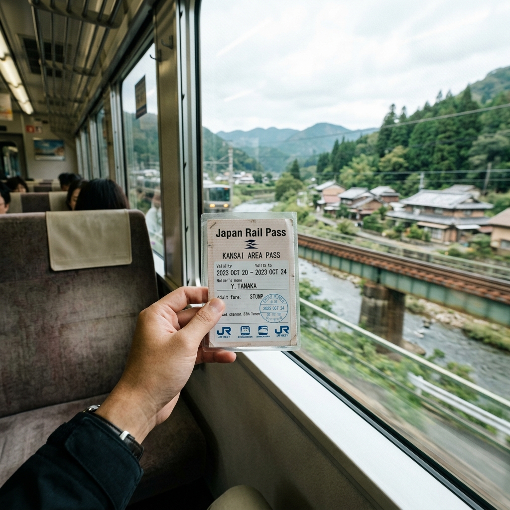 Alt text of a bullet train speeding through a scenic Japanese landscape at sunset, symbolizing efficient travel across Kansai.