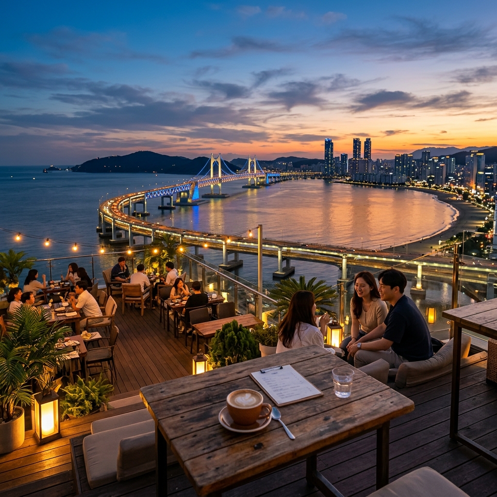 Rooftop cafe overlooking Busan's coastline with ocean views