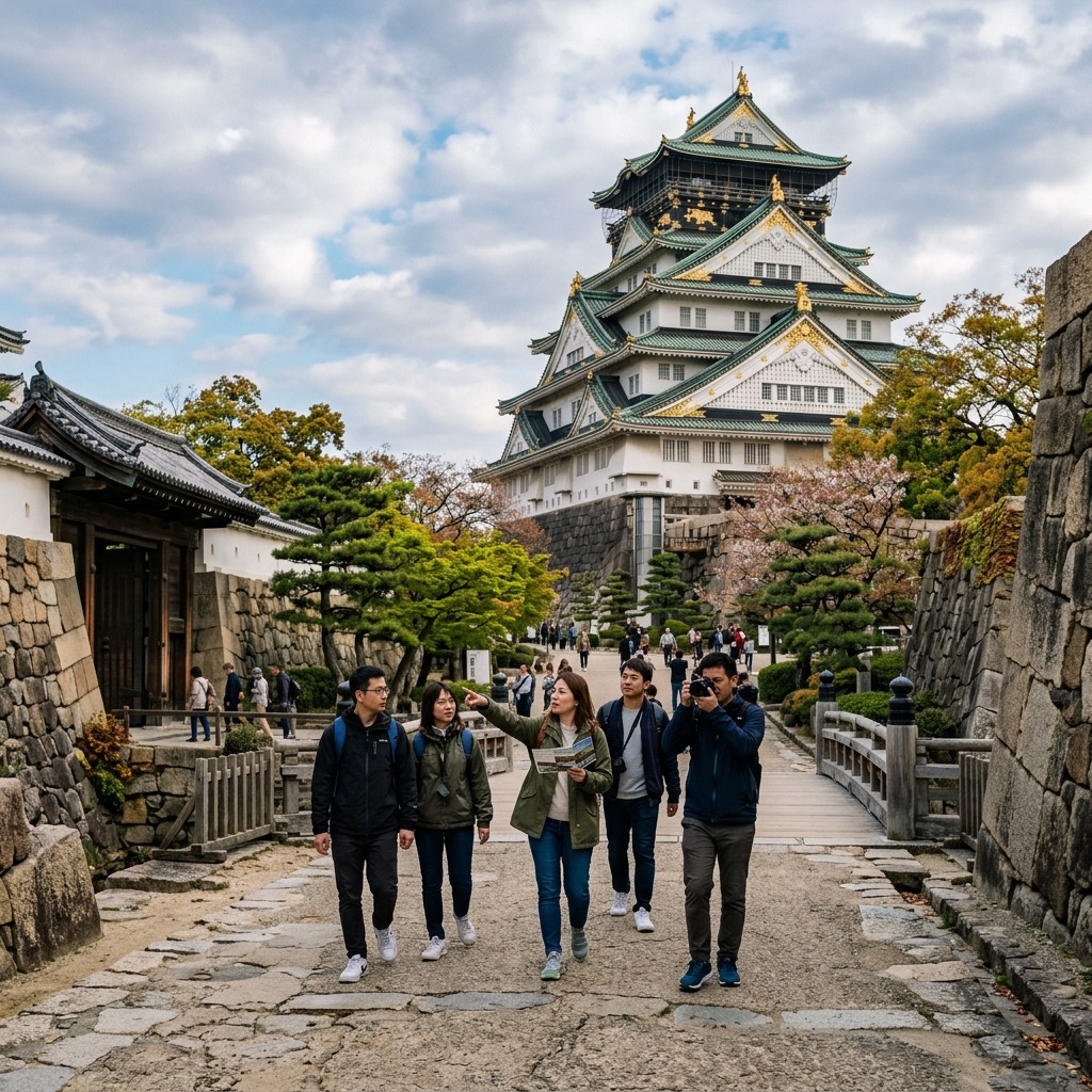 Osaka Castle tower rising above the stone walls and moat