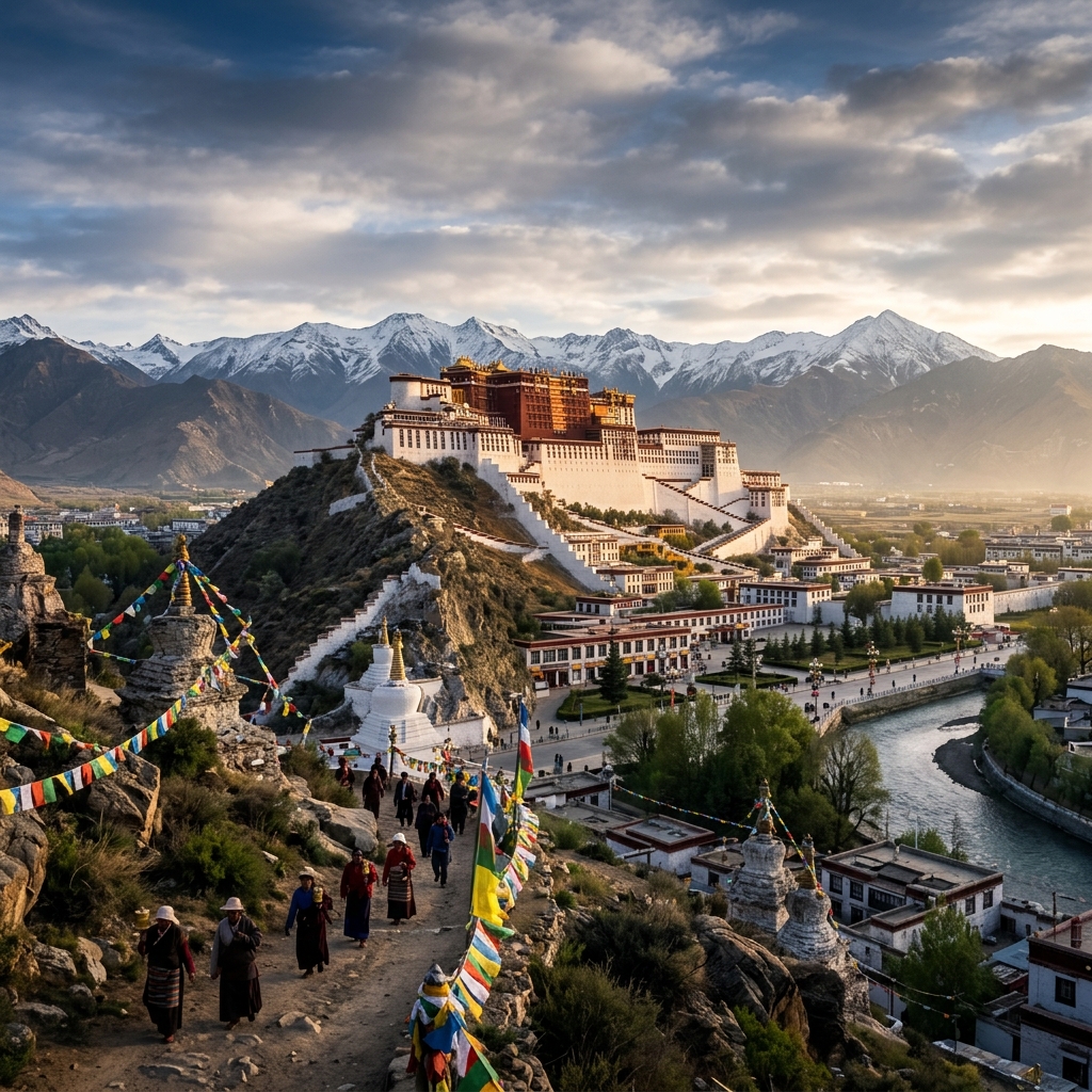 Panoramic view of Potala Palace in Lhasa, Tibet, under a clear blue sky, with prayer flags fluttering in the foreground.