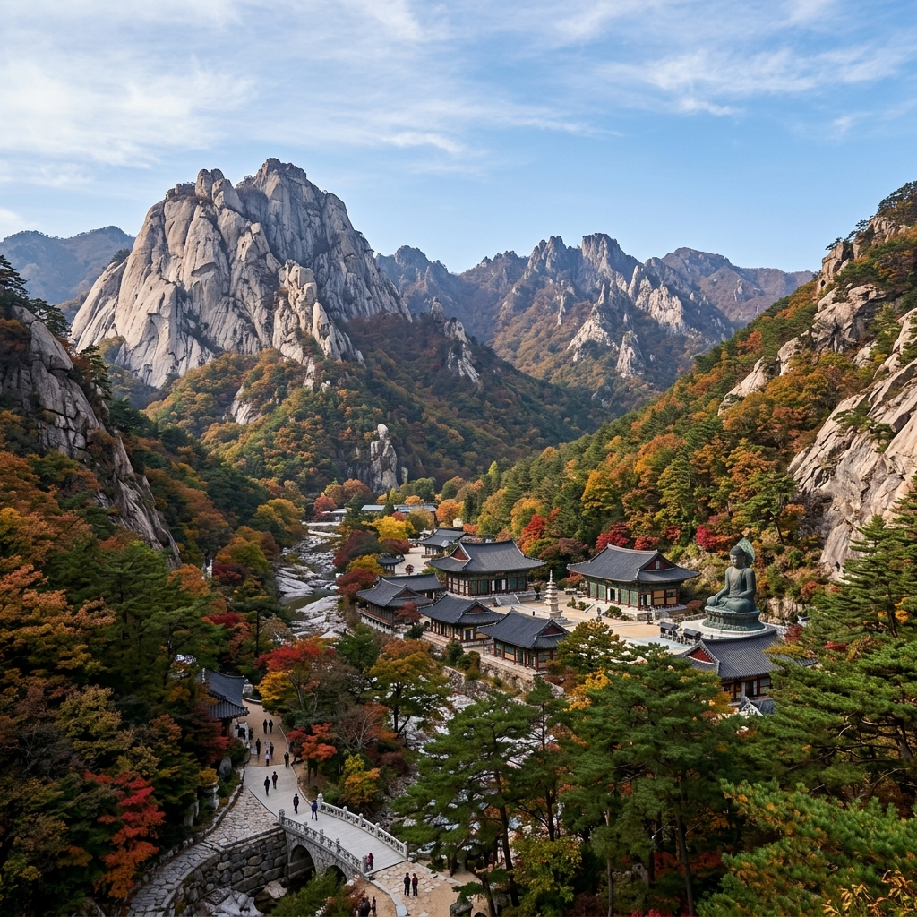 Sinheungsa Temple surrounded by the granite peaks of Seoraksan National Park