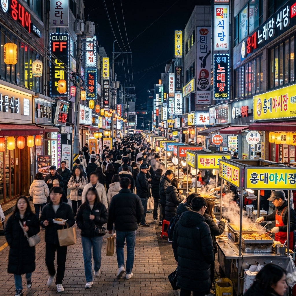 Hongdae at night, neon signs and street performers in Seoul's youth culture district