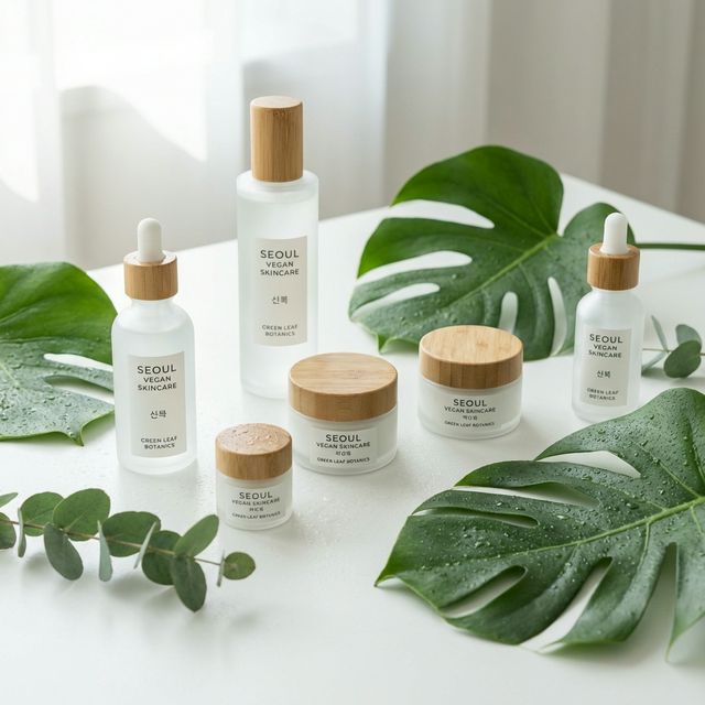 Vegan Korean skincare products with plant-based ingredients arranged with green leaves