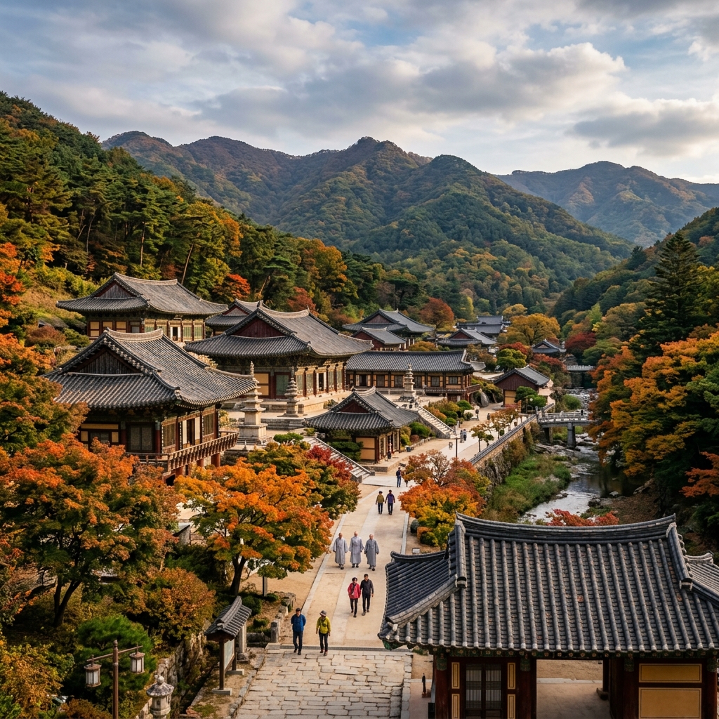 Tongdosa Temple complex surrounded by ancient pine forest in Yangsan, South Korea