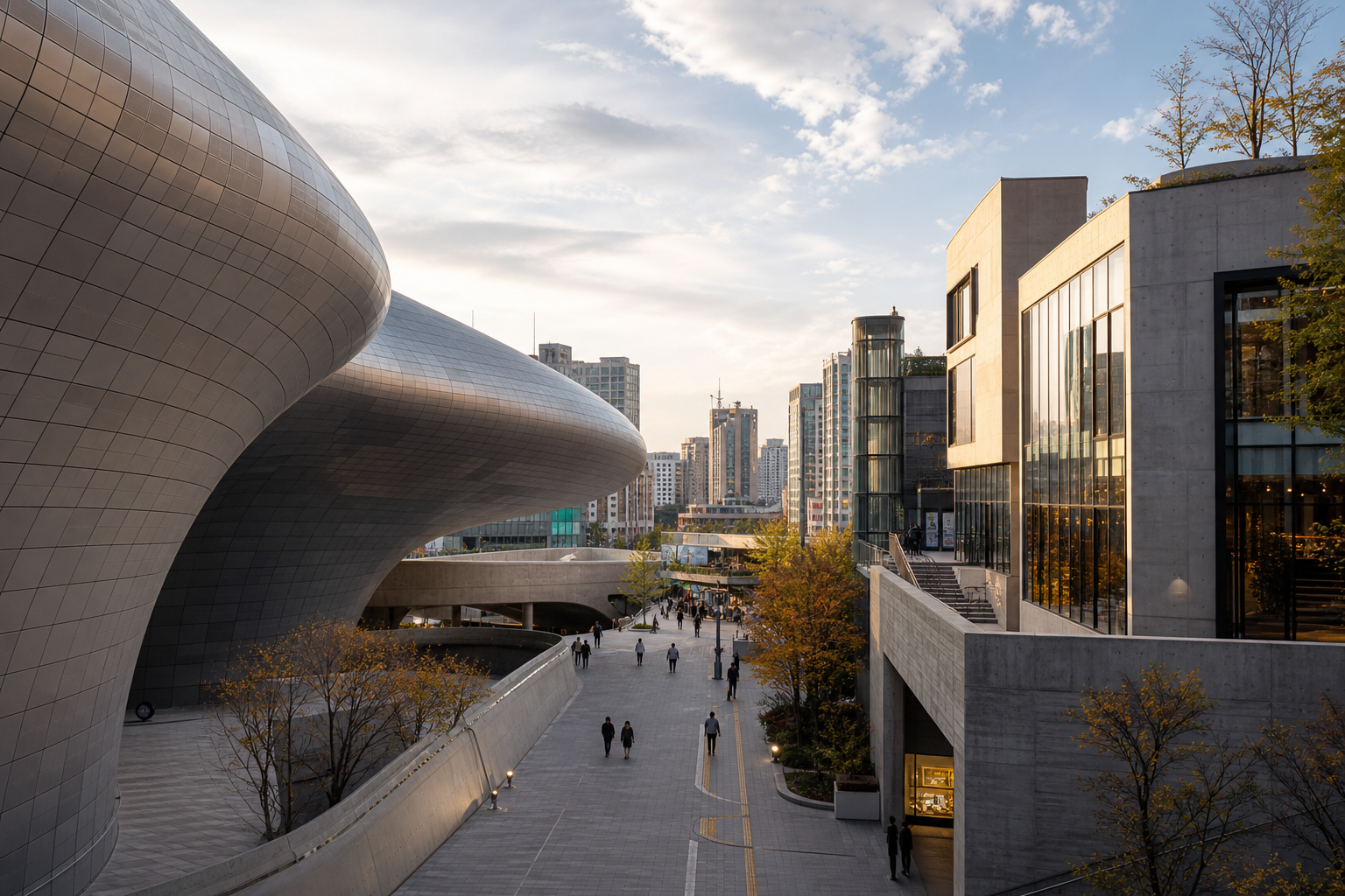 A wide-angle view of Dongdaemun Design Plaza's flowing silver exterior at dusk