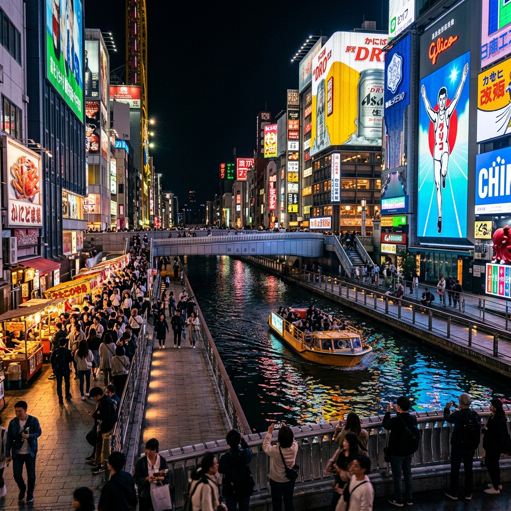 The iconic Dotonbori canal in Osaka at night with vibrant neon reflections