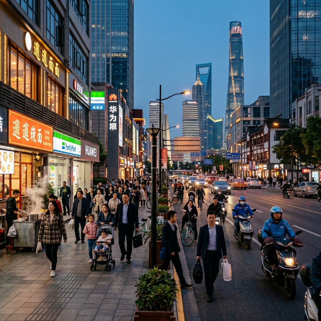 A busy street scene in China with travelers, commuters, and storefronts