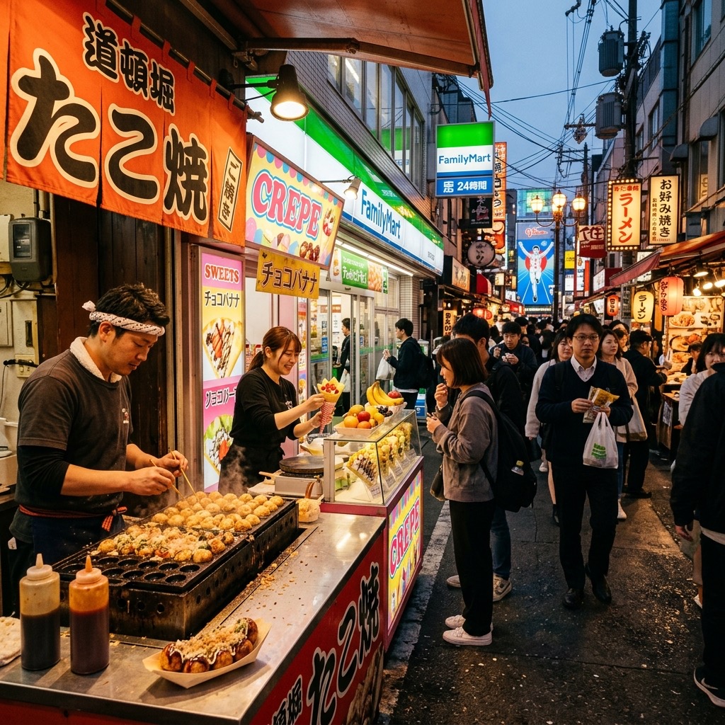 Takoyaki, crepes, and konbini snacks in Japan