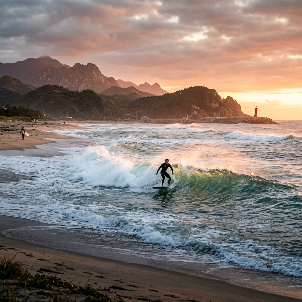Surfers enjoying the waves at Yangyang Beach, South Korea