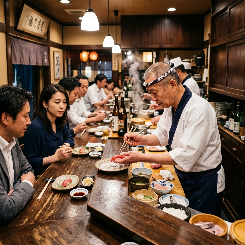 Sushi chef preparing nigiri at a traditional Japanese sushi counter