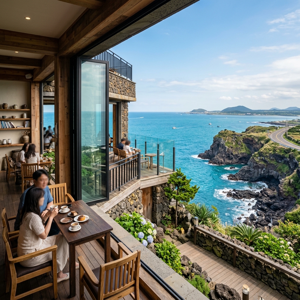 Ocean view from a stunning cafe on the rocky coast of Jeju Island