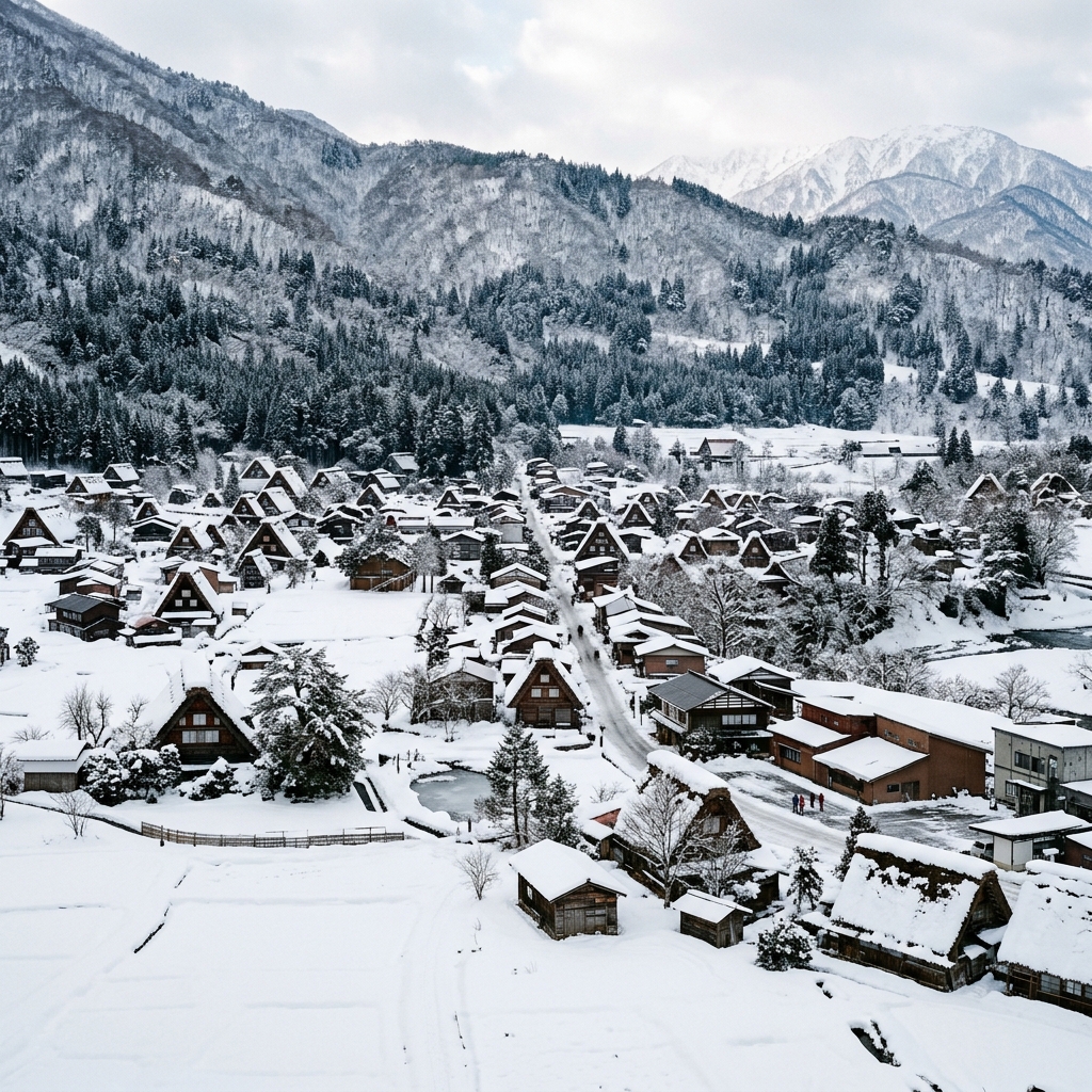 A panoramic view of Shirakawa-go village covered in snow, with traditional gassho-zukuri houses and surrounding mountains.