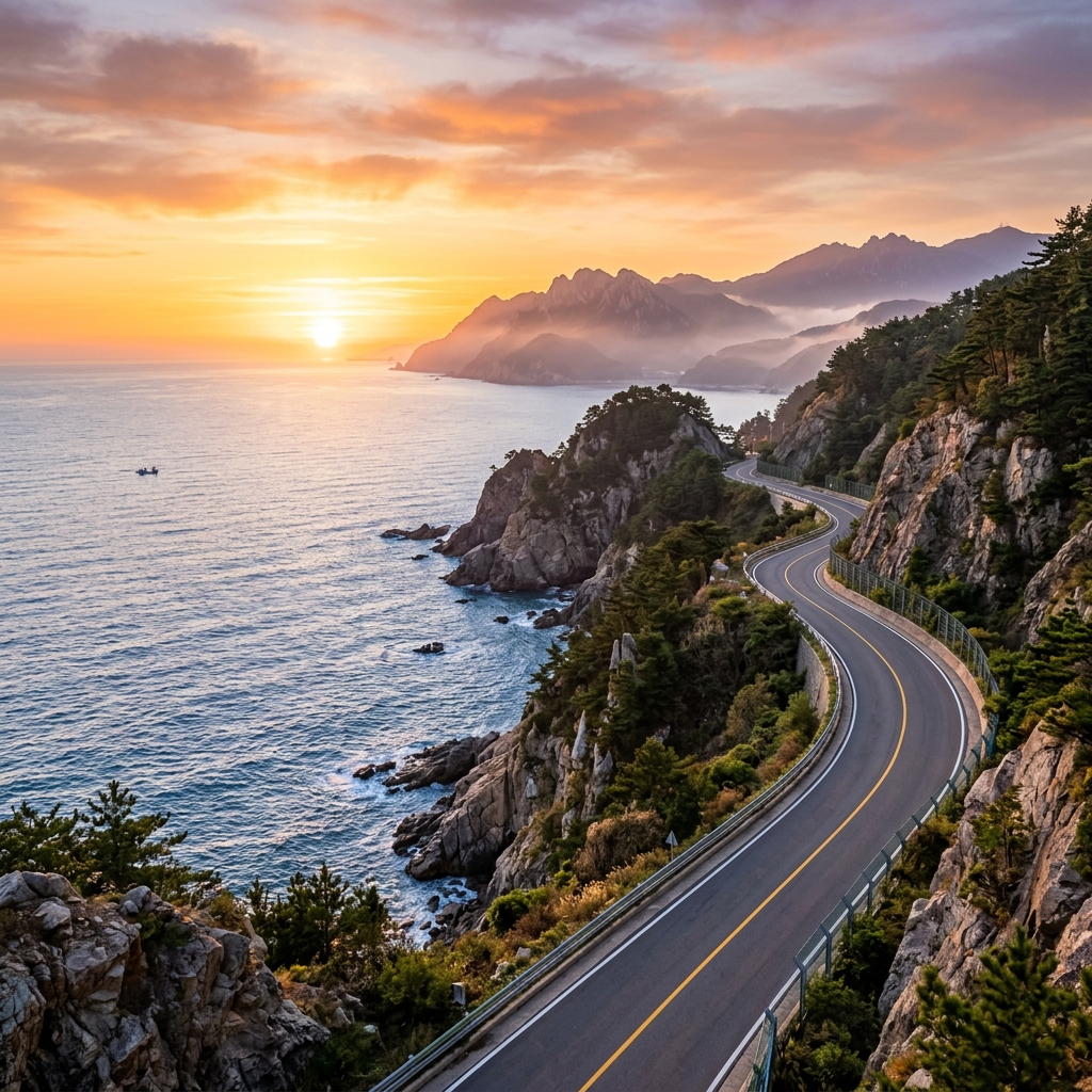 Coastal highway at sunrise along Gangwon-do's east coast