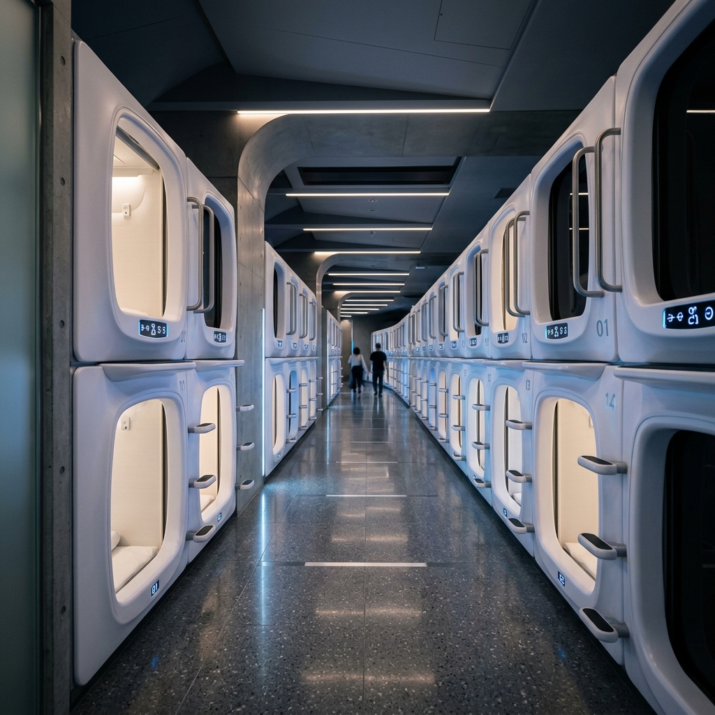 A futuristic capsule hotel hallway in Tokyo with sleek white pods